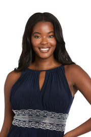 Long Halter Dress With Rhinetone Waistline - Petite