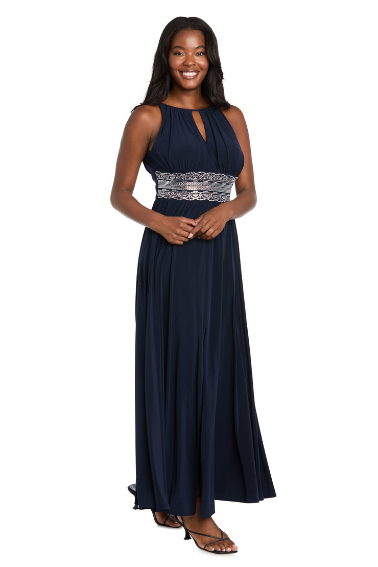 Long Halter Dress With Rhinetone Waistline - Petite