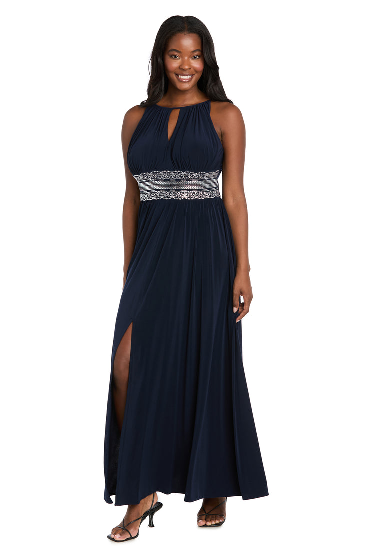 Long Halter Dress With Rhinetone Waistline - Petite