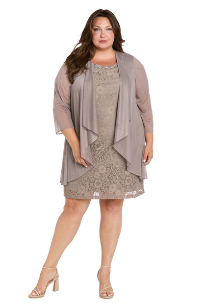 Floral Lace Dress with Sheer Chiffon Jacket & Pearl Neckline - Plus