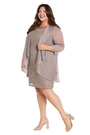 Floral Lace Dress with Sheer Chiffon Jacket & Pearl Neckline - Plus