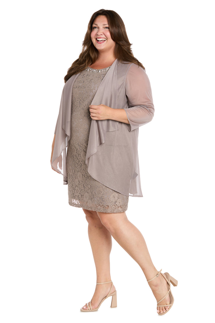 Floral Lace Dress with Sheer Chiffon Jacket & Pearl Neckline - Plus
