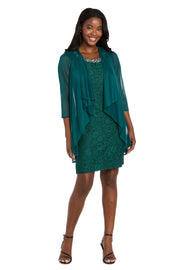 Floral Lace Dress with Sheer Chiffon Jacket & Pearl Neckline
