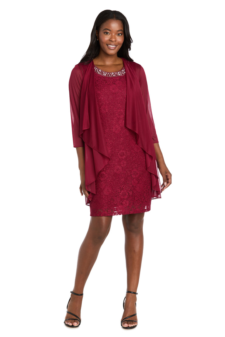 Floral Lace Dress with Sheer Chiffon Jacket & Pearl Neckline