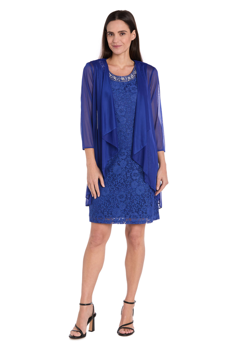 Floral Lace Dress with Sheer Chiffon Jacket & Pearl Neckline