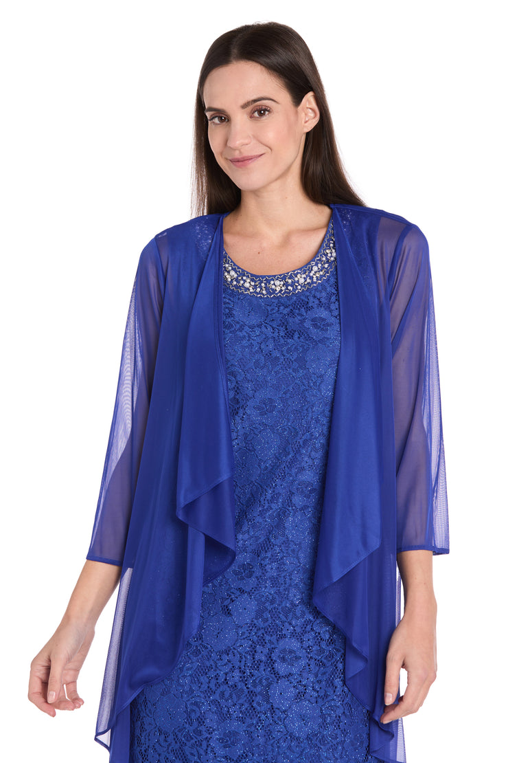 Floral Lace Dress with Sheer Chiffon Jacket & Pearl Neckline