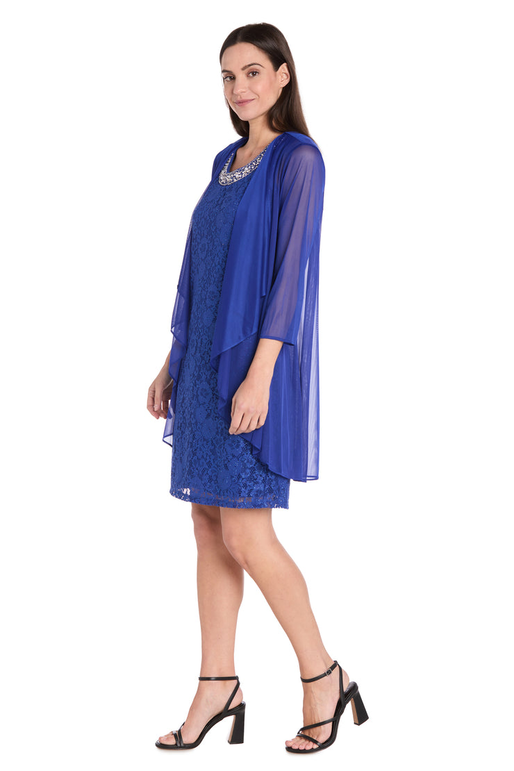 Floral Lace Dress with Sheer Chiffon Jacket & Pearl Neckline