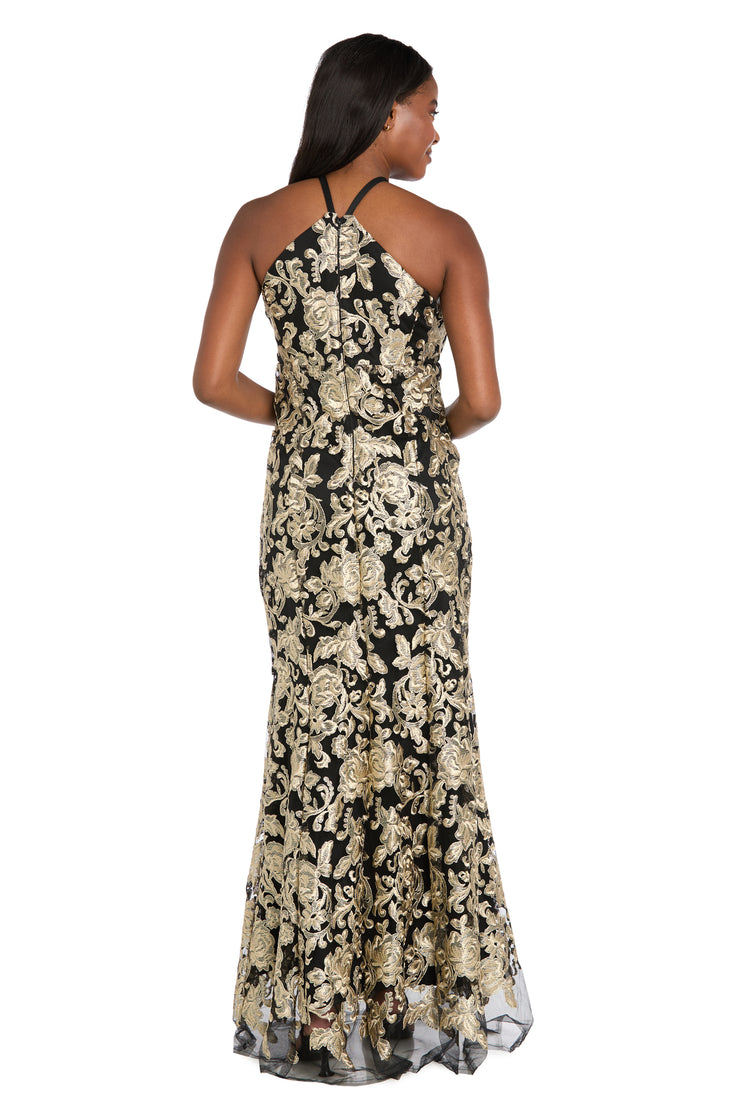 Embroidered Halter Gown with Sheer Hem Detail