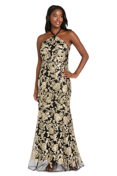 Embroidered Halter Gown with Sheer Hem Detail