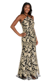 Embroidered Halter Gown with Sheer Hem Detail