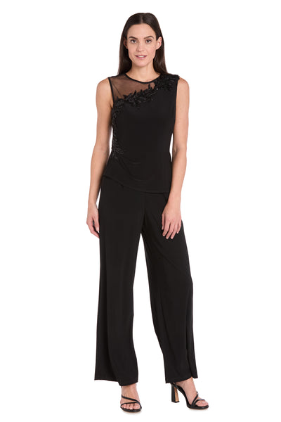 Embellished Black Jumpsuit with Floral Sequins and Sheer Chiffon Accent
