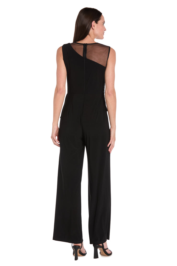 Embellished Black Jumpsuit with Floral Sequins and Sheer Chiffon Accent