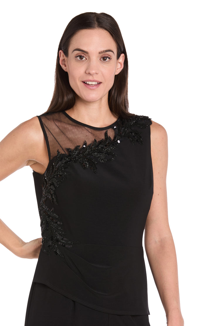 Embellished Black Jumpsuit with Floral Sequins and Sheer Chiffon Accent