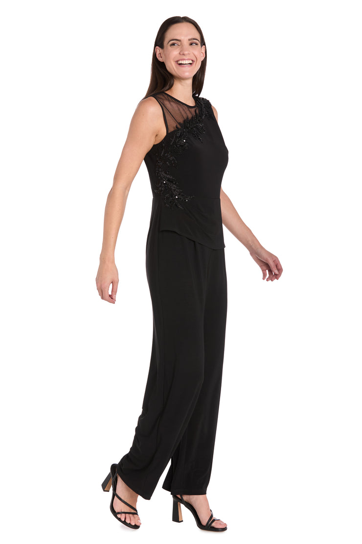 Embellished Black Jumpsuit with Floral Sequins and Sheer Chiffon Accent
