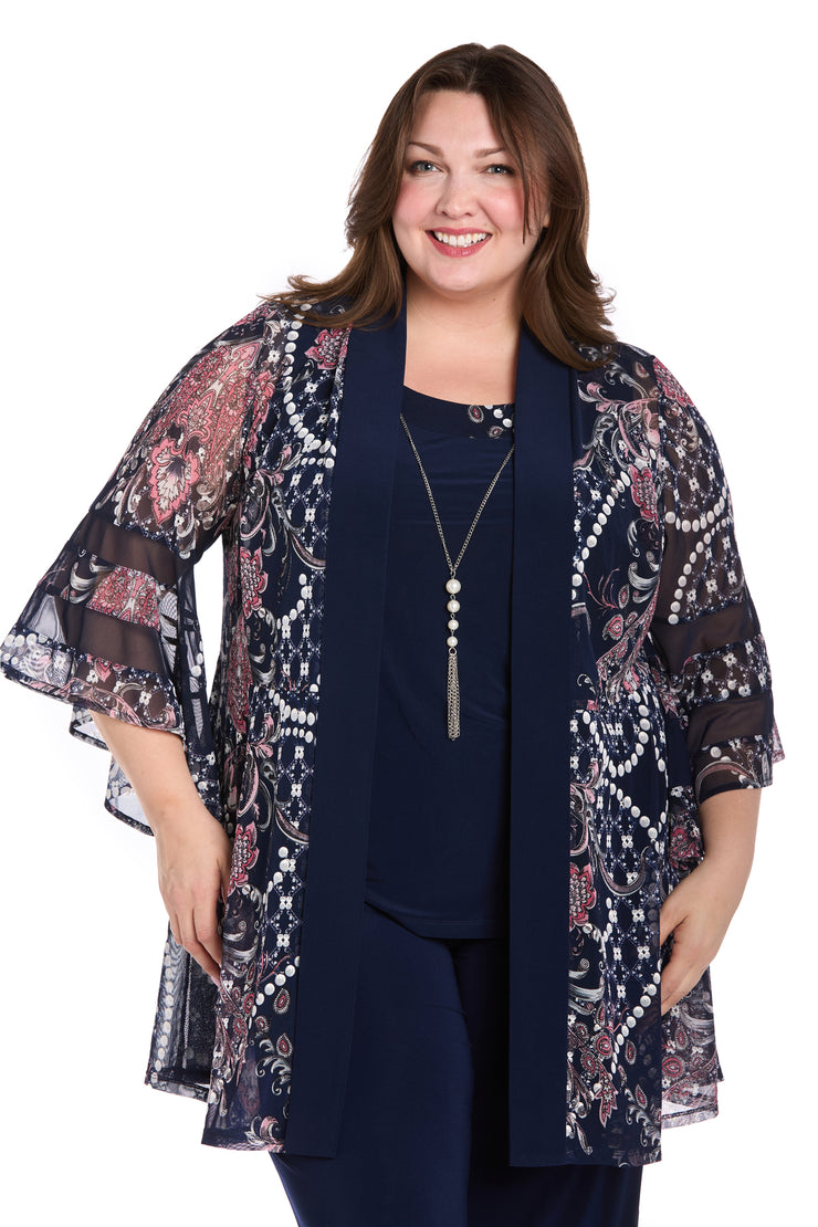 Chiffon Patterned Jacket Dress - Plus
