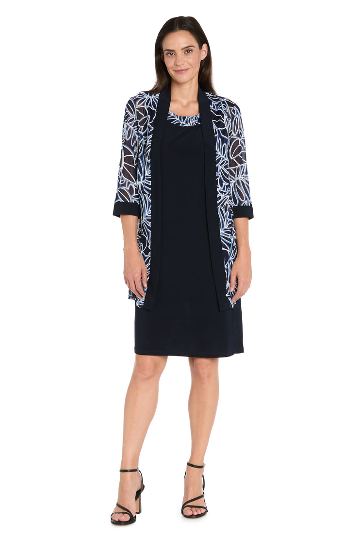 Printed Chiffon Jacket Dress Set in Navy & Periwinkle