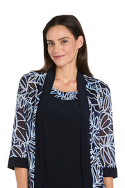 Printed Chiffon Jacket Dress Set in Navy & Periwinkle