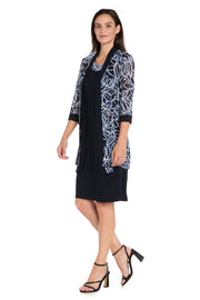 Printed Chiffon Jacket Dress Set in Navy & Periwinkle