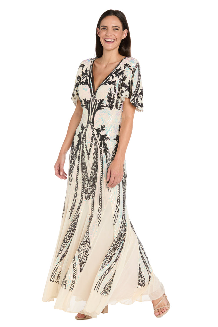 Long Metallic Print Dress with Flutter Sleeves