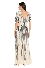 Long Metallic Print Dress with Flutter Sleeves