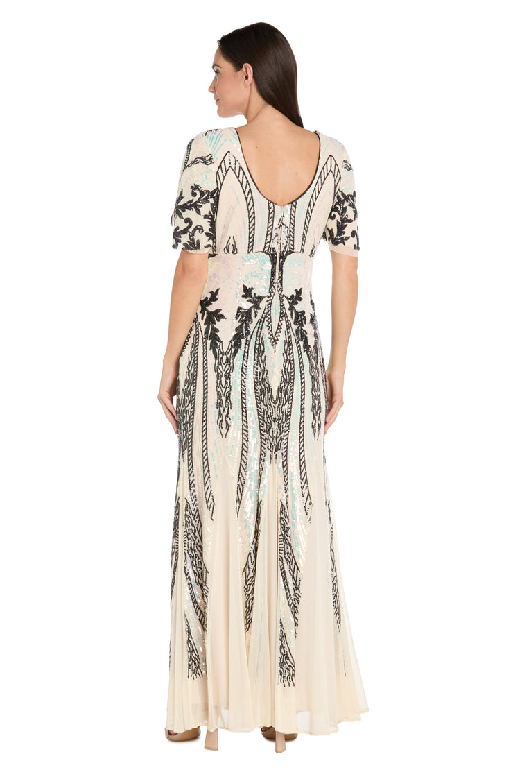 Long Metallic Print Dress with Flutter Sleeves