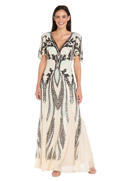 Long Metallic Print Dress with Flutter Sleeves