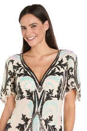 Long Metallic Print Dress with Flutter Sleeves