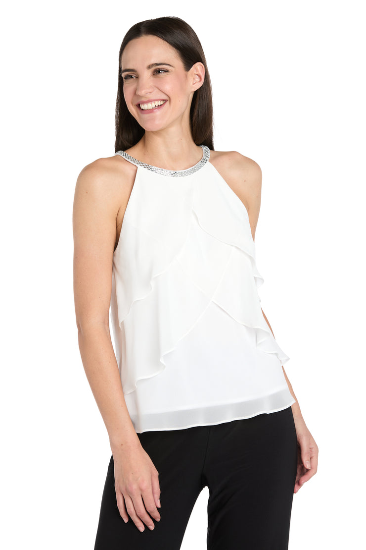 Sleeveless Halter Top with Glitter Trim & Vertical Ruffle Detailing