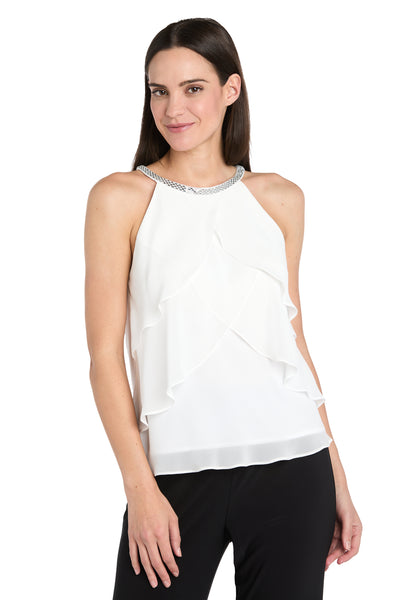 Sleeveless Halter Top with Glitter Trim & Vertical Ruffle Detailing