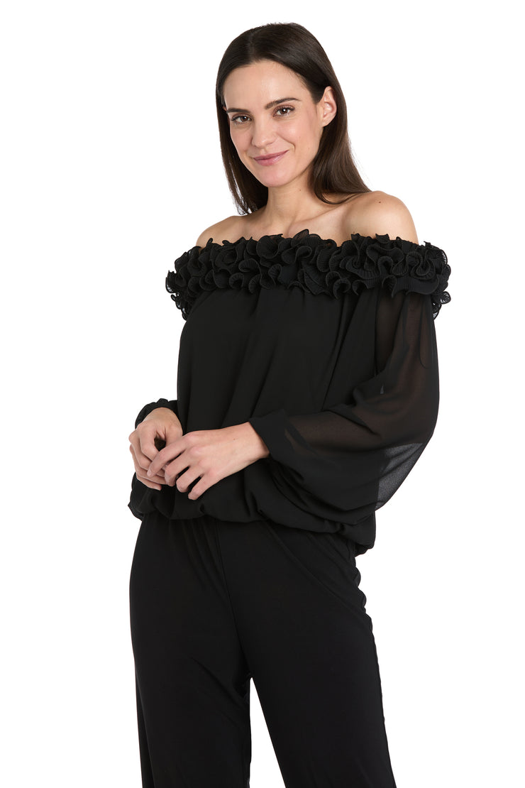 Sheer Off-the-Shoulder Chiffon Top with Ruffled Neckline