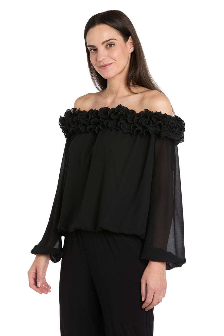 Sheer Off-the-Shoulder Chiffon Top with Ruffled Neckline