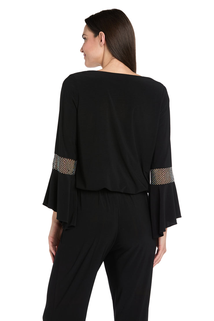 Draped Neck Top with Rhinestone Elbow Detail and Ruffled Bell Sleeves