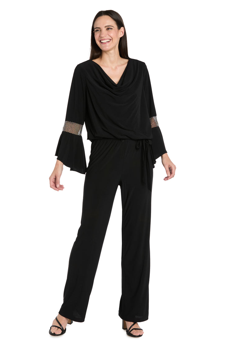 Draped Neck Top with Rhinestone Elbow Detail and Ruffled Bell Sleeves