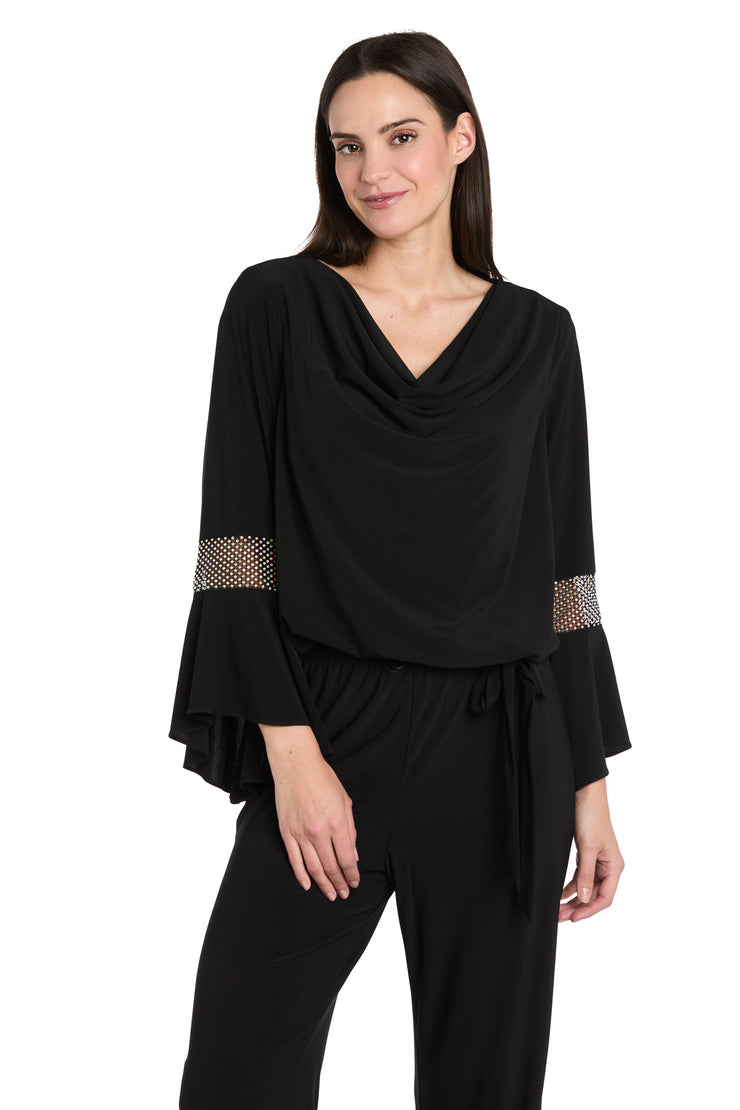 Draped Neck Top with Rhinestone Elbow Detail and Ruffled Bell Sleeves