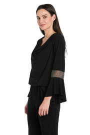 Draped Neck Top with Rhinestone Elbow Detail and Ruffled Bell Sleeves