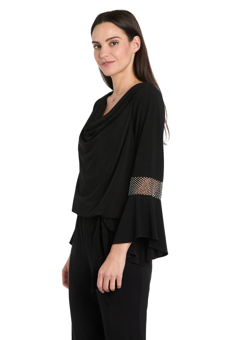 Draped Neck Top with Rhinestone Elbow Detail and Ruffled Bell Sleeves