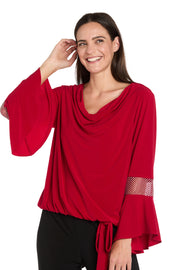 Draped Neck Top with Rhinestone Elbow Detail and Ruffled Bell Sleeves