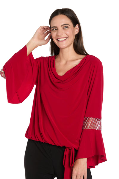 Draped Neck Top with Rhinestone Elbow Detail and Ruffled Bell Sleeves