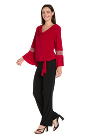 Draped Neck Top with Rhinestone Elbow Detail and Ruffled Bell Sleeves