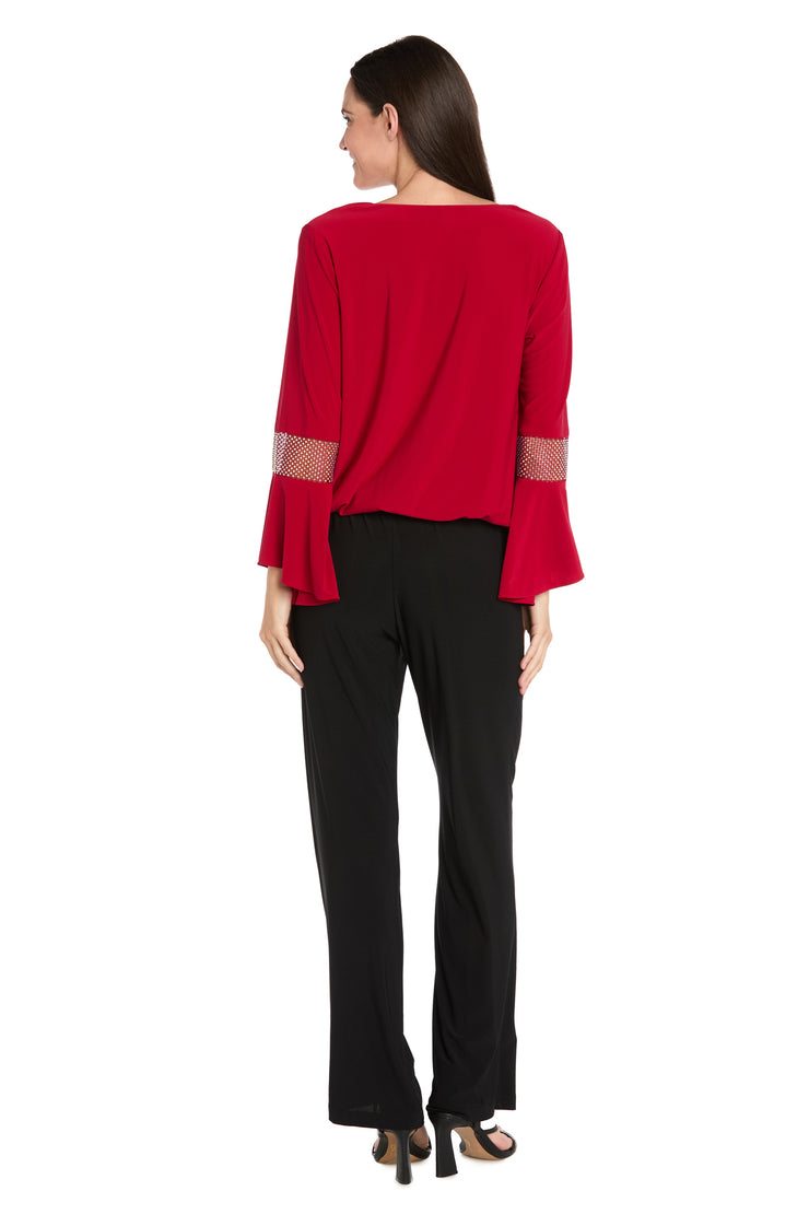 Draped Neck Top with Rhinestone Elbow Detail and Ruffled Bell Sleeves