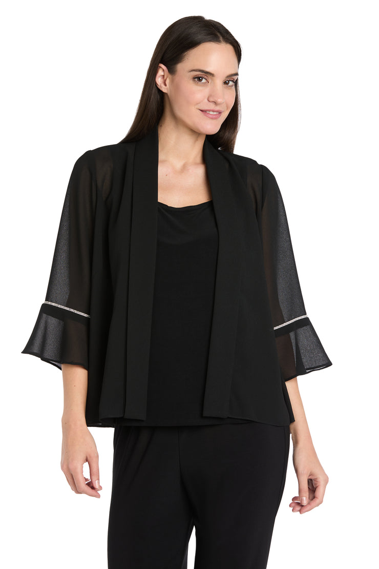 Black Pebble Georgette Jacket with Rhinestone Sleeve Trim