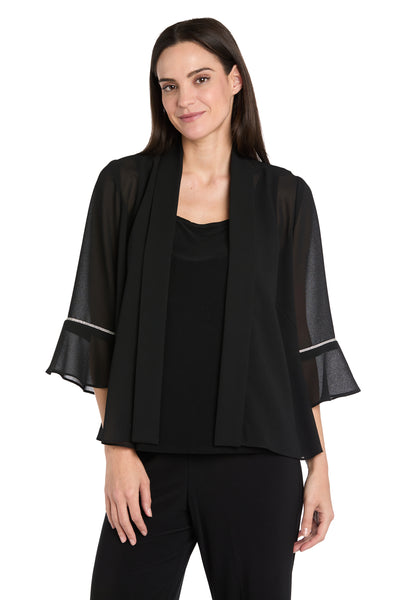 Black Pebble Georgette Jacket with Rhinestone Sleeve Trim