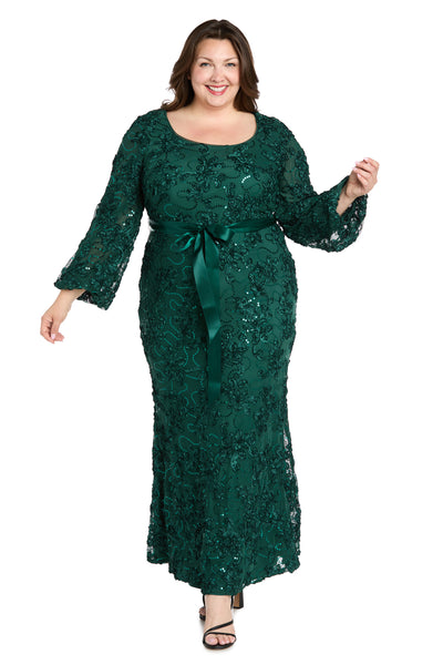 3D Floral V-Neck Evening Gown with Balloon Sleeves and Satin Waist Bow - Plus