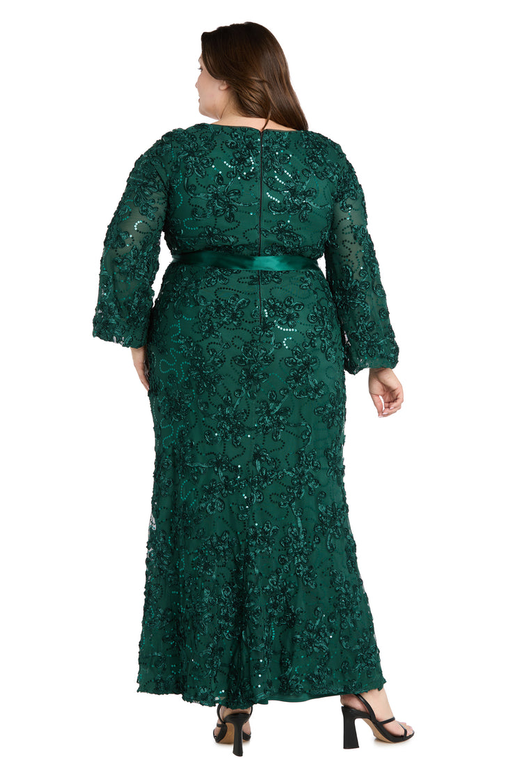 3D Floral V-Neck Evening Gown with Balloon Sleeves and Satin Waist Bow - Plus