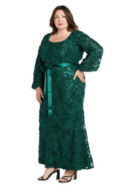 3D Floral V-Neck Evening Gown with Balloon Sleeves and Satin Waist Bow - Plus