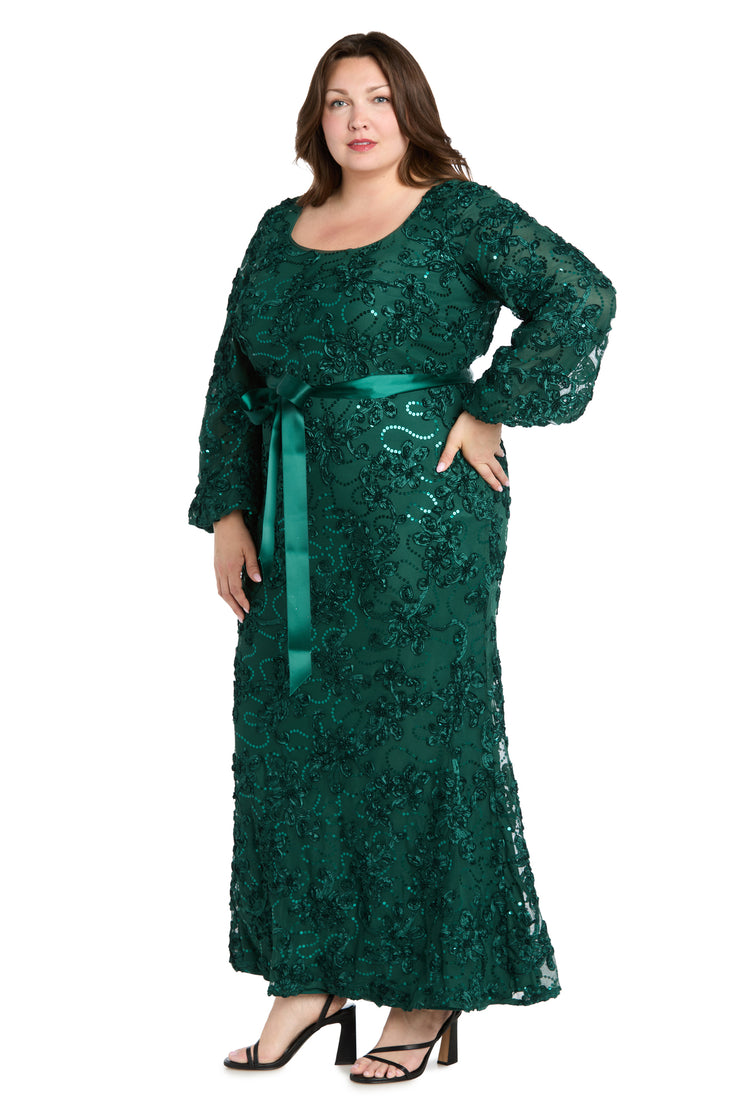 3D Floral V-Neck Evening Gown with Balloon Sleeves and Satin Waist Bow - Plus
