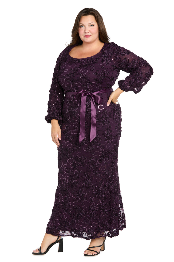 3D Floral V-Neck Evening Gown with Balloon Sleeves and Satin Waist Bow - Plus