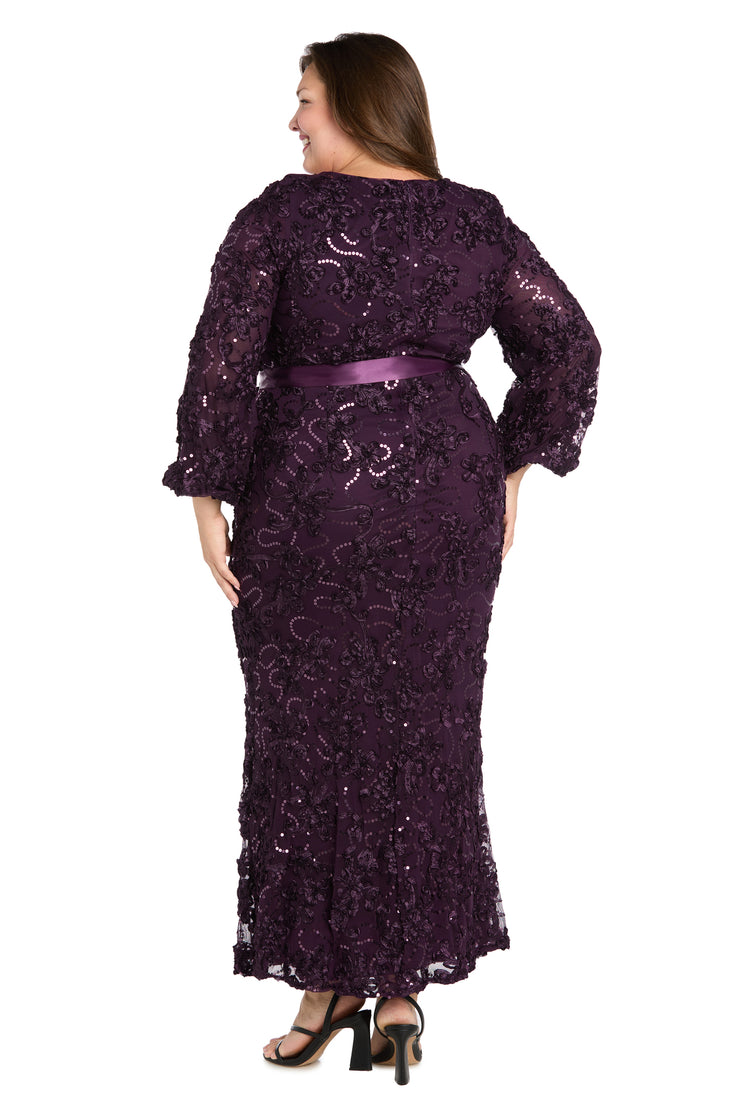 3D Floral V-Neck Evening Gown with Balloon Sleeves and Satin Waist Bow - Plus