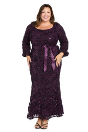 3D Floral V-Neck Evening Gown with Balloon Sleeves and Satin Waist Bow - Plus