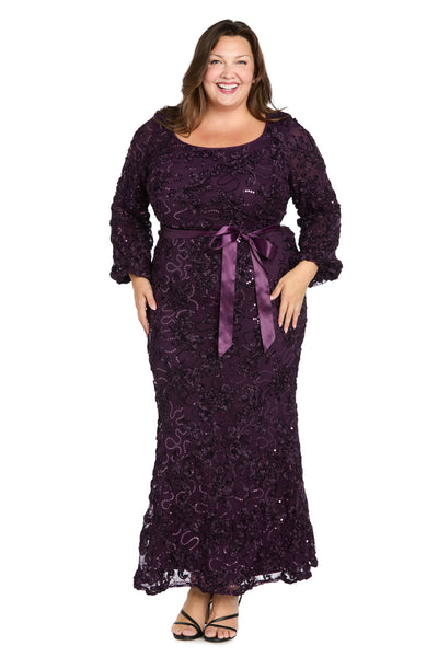 3D Floral V-Neck Evening Gown with Balloon Sleeves and Satin Waist Bow - Plus